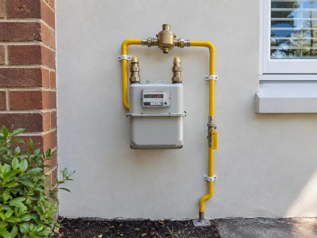 Outdoor gas meter with new yellow gas pipework on a rendered wall beside a window in Naremburn